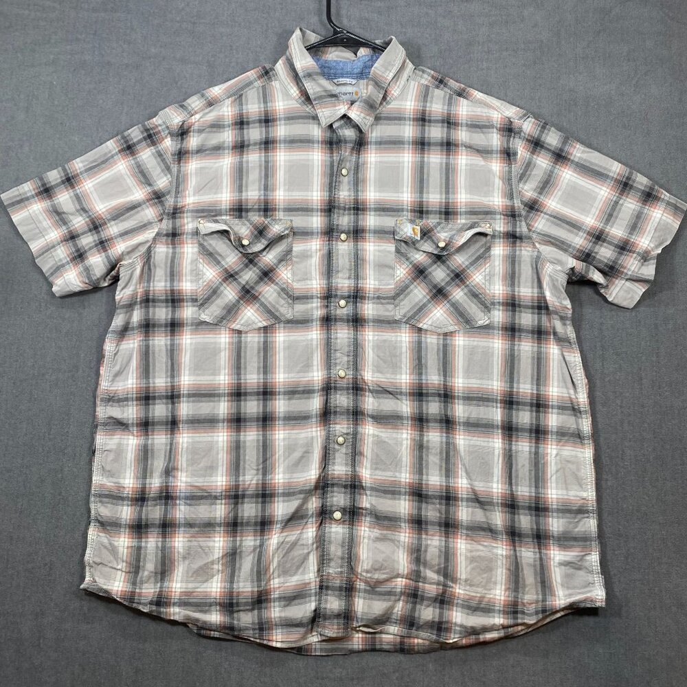 Carhartt Mens Relaxed Fit Plaid Button-Down Shirt 2XL Gray/Orange Cotton Blend